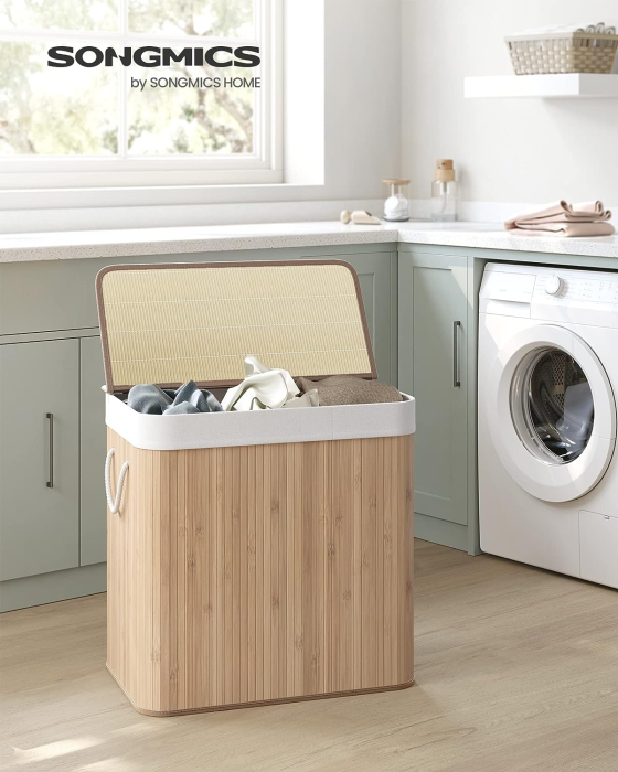 SONGMICS Cos de rufe din bambus, pliabil, cu captuseala detasabila lavabila, 3 compartimente, 150L, 60x40x60cm, natural [3]