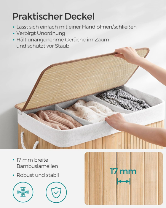 SONGMICS Cos de rufe din bambus, pliabil, cu captuseala detasabila lavabila, 3 compartimente, 150L, 60x40x60cm, natural [4]