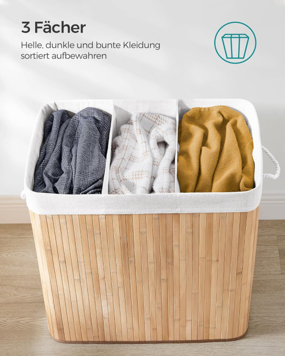 SONGMICS Cos de rufe din bambus, pliabil, cu captuseala detasabila lavabila, 3 compartimente, 150L, 60x40x60cm, natural [6]