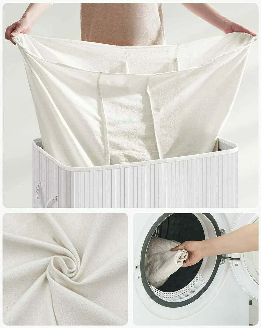 Cos de rufe din bambus, pliabil, cu captuseala detasabila lavabila, 3 compartimente, 150L, 60x40x62cm, alb [3]
