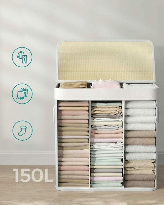 Cos de rufe din bambus, pliabil, cu captuseala detasabila lavabila, 3 compartimente, 150L, 60x40x62cm, alb [8]