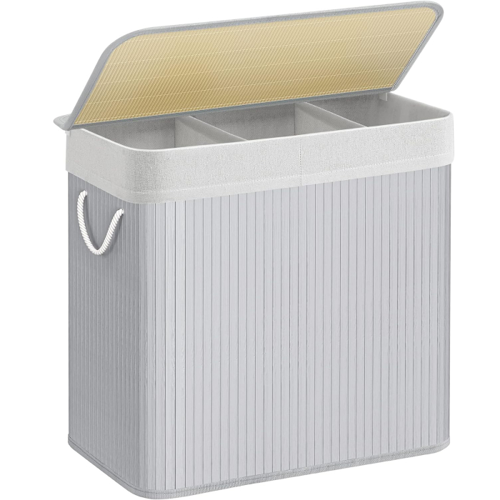 SONGMICS Cos de rufe din bambus, pliabil, cu captuseala detasabila lavabila, 3 compartimente, 150L, 60x40x62cm, gri [1]