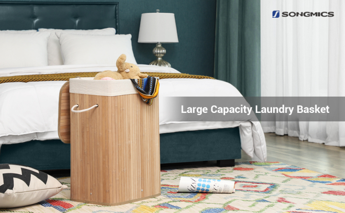 SONGMICS Cos de rufe din bambus, pliabil, cu captuseala detasabila lavabila, 72L, 40x30x60cm, natural [9]