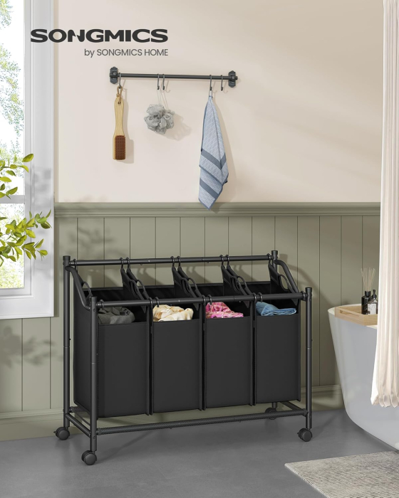 Cos de rufe mobil cu 4 saci detasabili cu manere, 180 litri, cadru metalic, 105x39x81 cm, negru [5]