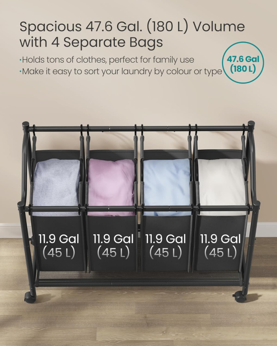 Cos de rufe mobil cu 4 saci detasabili cu manere, 180 litri, cadru metalic, 105x39x81 cm, negru [2]