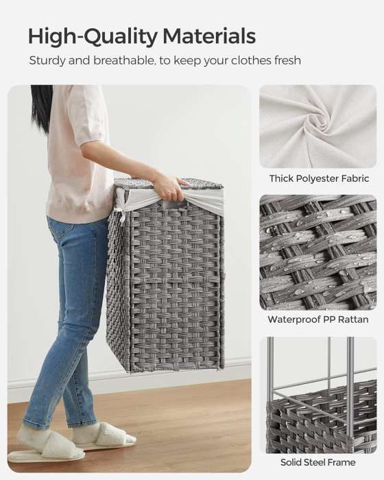 SONGMICS Cos de rufe tesut manual, cu captuseala detasabila lavabila, 3 compartimente, stil ratan, 140 litri, 66x33x60 cm, gri [8]