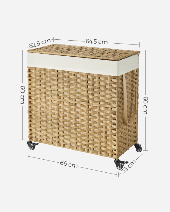 Cos de rufe tesut manual, cu captuseala detasabila lavabila, 3 compartimente, stil ratan, 140 litri, 66x33x60 cm, maro [5]