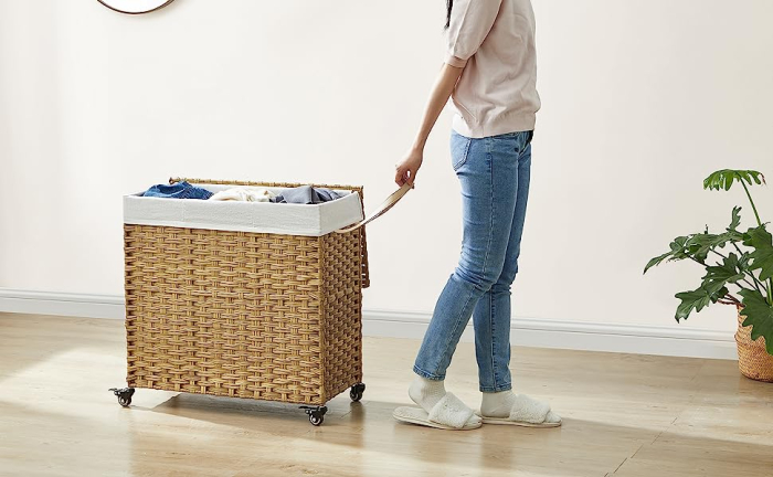 Cos de rufe tesut manual, cu captuseala detasabila lavabila, 3 compartimente, stil ratan, 140 litri, 66x33x60 cm, maro [18]