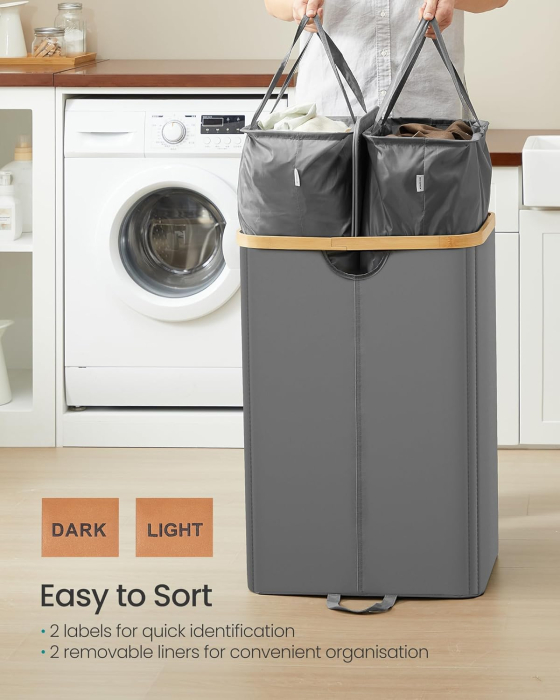 Cos de rufe textil cu 2 compartimente si capac, saci detasabili, 150 L, 52x39x75 cm, gri [3]