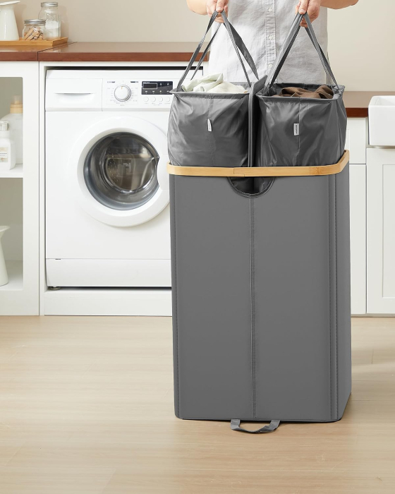 Cos de rufe textil cu 2 compartimente si capac, saci detasabili, 150 L, 52x39x75 cm, gri [2]