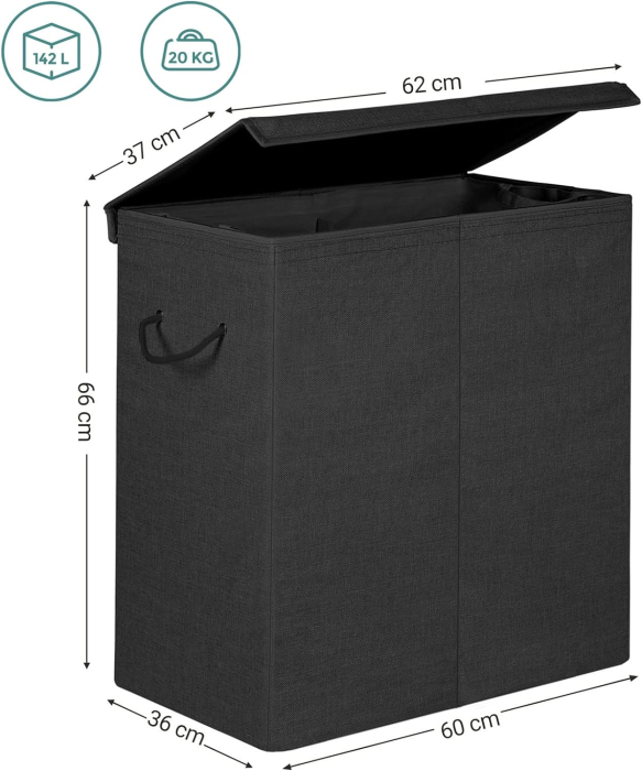 Cos de rufe textil, pliabil, 2 compartimente, saci detasabili, 142L, 60x36x66cm, negru [4]