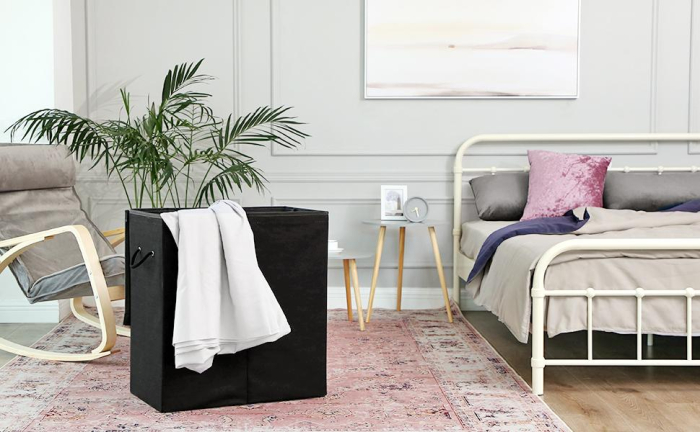 Cos de rufe textil, pliabil, 2 compartimente, saci detasabili, 142L, 60x36x66cm, negru [7]