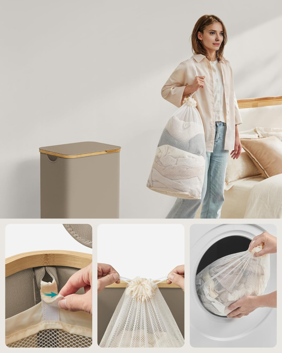 Cos de rufe textil, pliabil, compartiment detasabil, 90L, 42x32x71 cm, maro [4]
