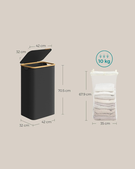 Cos de rufe textil, pliabil, compartiment detasabil, 90L, 42x32x71 cm, negru [2]
