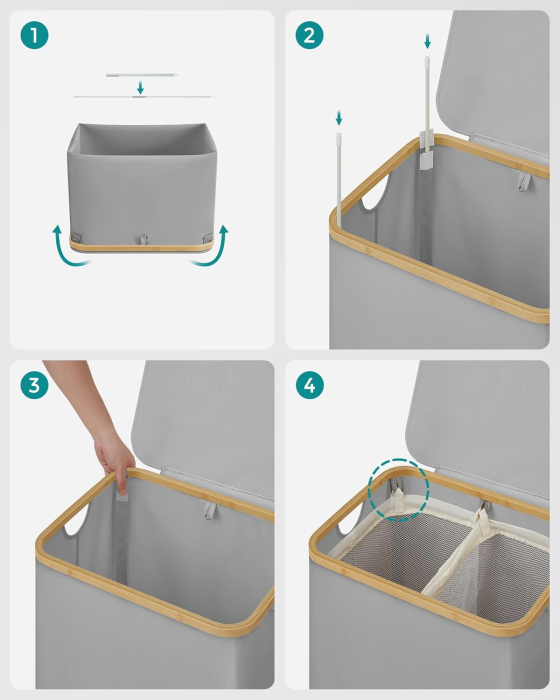 Cos de rufe textil, pliabil, cu 2 compartimente detasabile, 130L, 52x39x71 cm, gri [9]