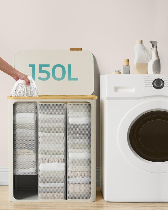 Cos de rufe textil, pliabil, cu 3 compartimente detasabile, 150L, 60x39x71 cm, crem [5]