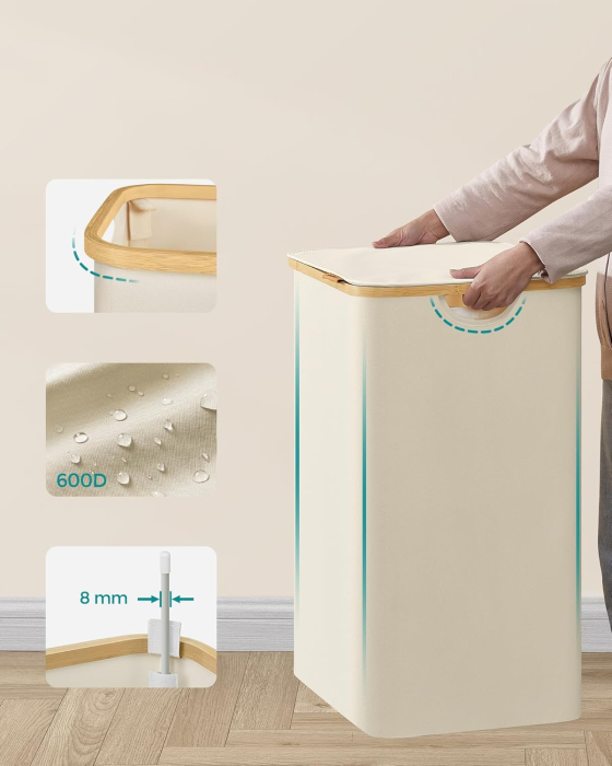 Cos de rufe textil, pliabil, cu 3 compartimente detasabile, 150L, 60x39x71 cm, crem [7]