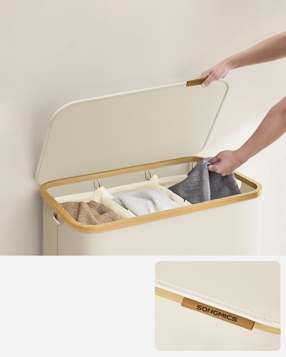 Cos de rufe textil, pliabil, cu 3 compartimente detasabile, 150L, 60x39x71 cm, crem [8]