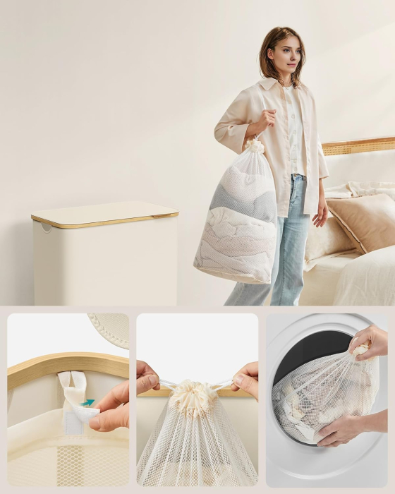 Cos de rufe textil, pliabil, cu 3 compartimente detasabile, 150L, 60x39x71 cm, crem [4]