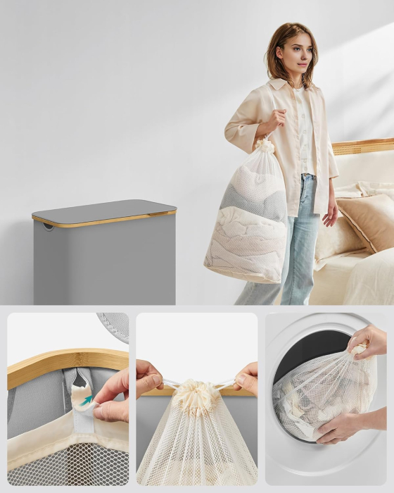 Cos de rufe textil, pliabil, cu 3 compartimente detasabile, 150L, 60x39x71 cm, gri [5]