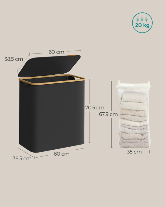 Cos de rufe textil, pliabil, cu 3 compartimente detasabile, 150L, 60x39x71 cm, negru [6]