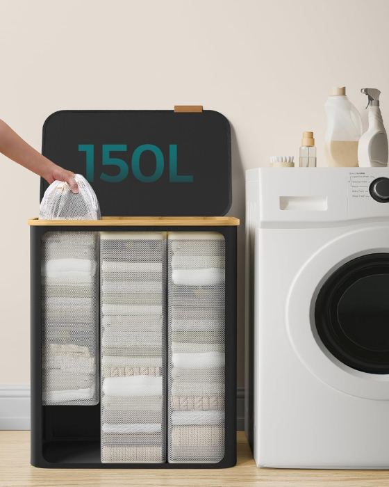 Cos de rufe textil, pliabil, cu 3 compartimente detasabile, 150L, 60x39x71 cm, negru [4]