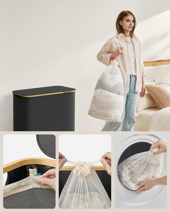 Cos de rufe textil, pliabil, cu 3 compartimente detasabile, 150L, 60x39x71 cm, negru [7]