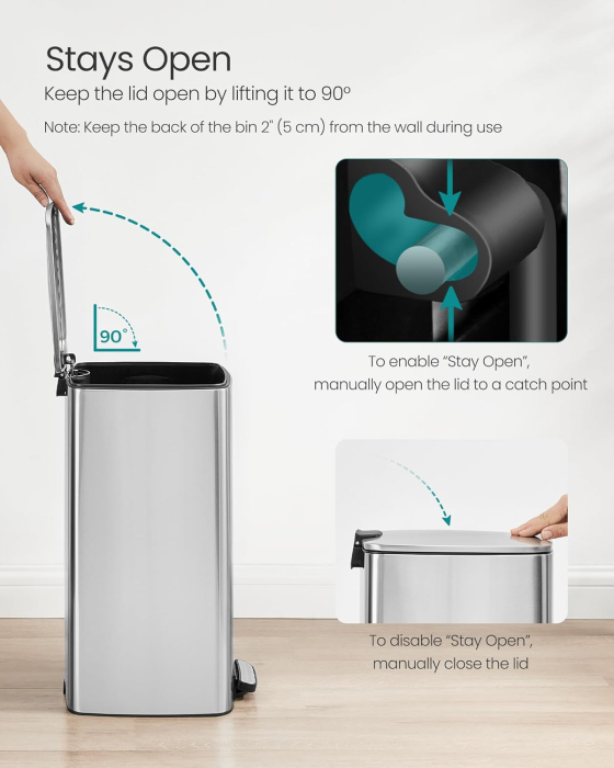 Cos gunoi 34x29x54 cm, 30L, cu pedala, capac silentios si galeata interioara detasabila, argintiu [7]