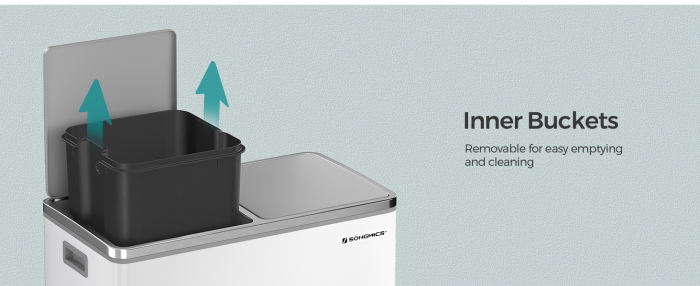 SONGMICS Cos gunoi dublu 59x32x65 cm, 2x30L, cu pedale si galeata detasabila, alb [10]