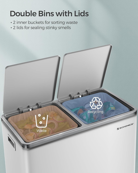 Cos gunoi dublu 59x32x65 cm, 2x30L, cu pedale si galeata detasabila, alb [3]