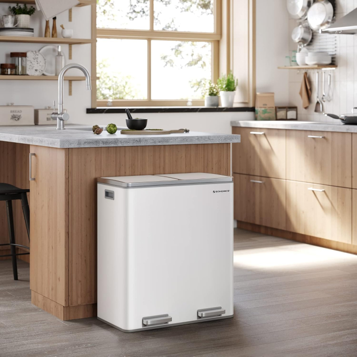 Cos gunoi dublu 59x32x65 cm, 2x30L, cu pedale si galeata detasabila, alb [8]