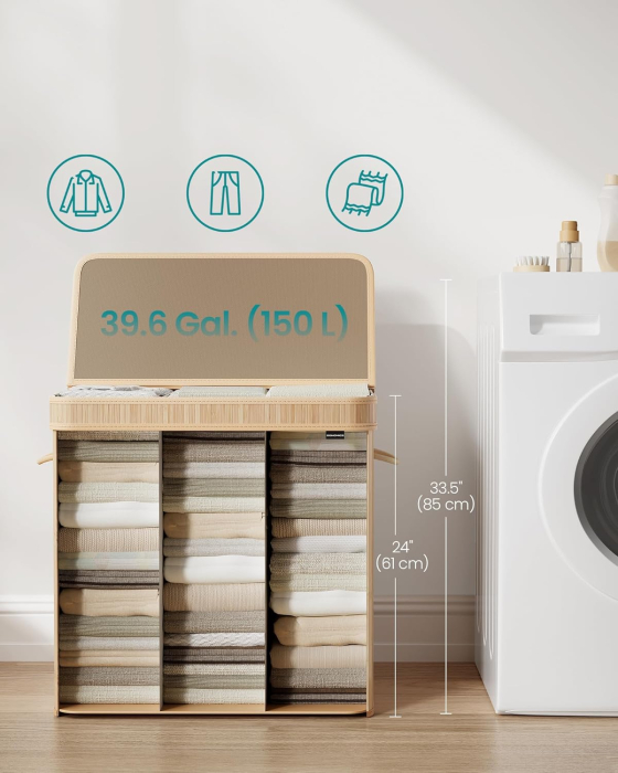 SONGMICS Cos rufe 63x42x61 cm, 150L, pliabil cu capac si sac lavabil, bambus si textil, bej natur [5]