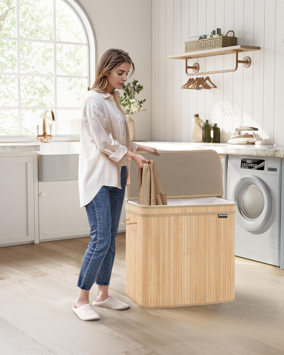 SONGMICS Cos rufe 63x42x61 cm, 150L, pliabil cu capac si sac lavabil, bambus si textil, bej natur [3]