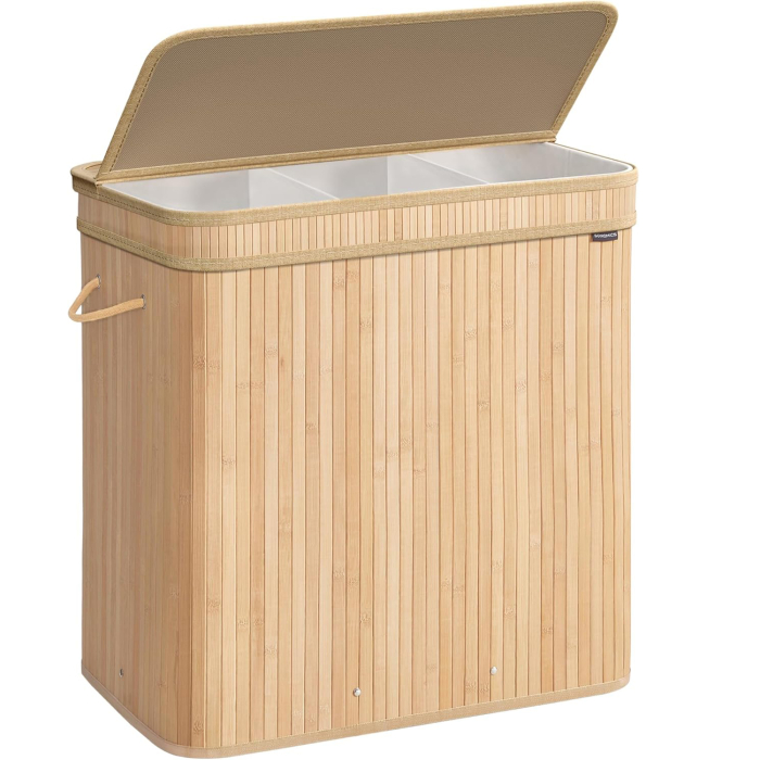 SONGMICS Cos rufe 63x42x61 cm, 150L, pliabil cu capac si sac lavabil, bambus si textil, bej natur [1]