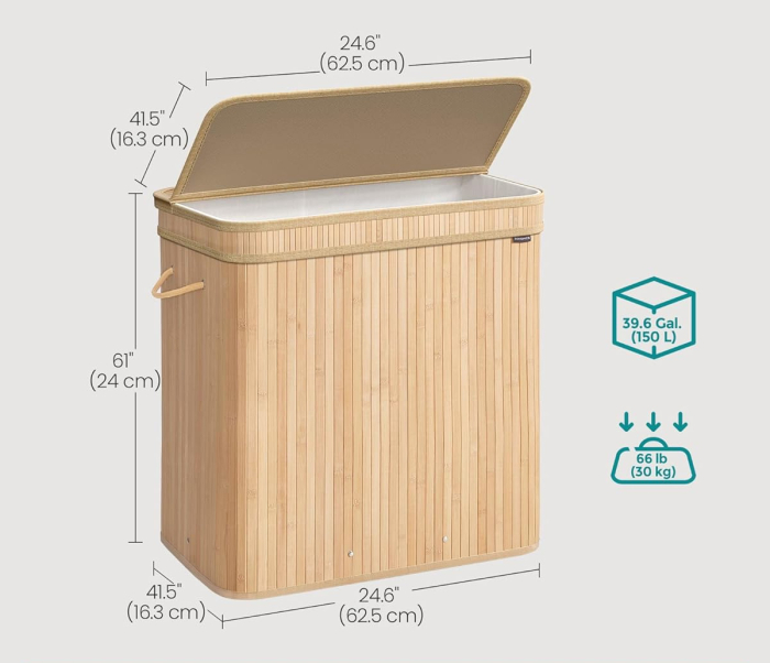 SONGMICS Cos rufe 63x42x61 cm, 150L, pliabil cu capac si sac lavabil, bambus si textil, bej natur [2]