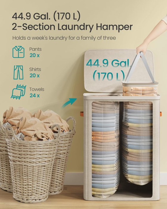 Cos rufe cu 2 compartimente si capac, saci detasabili cu maner, 170 litri, 56x40x75 cm, bej [4]