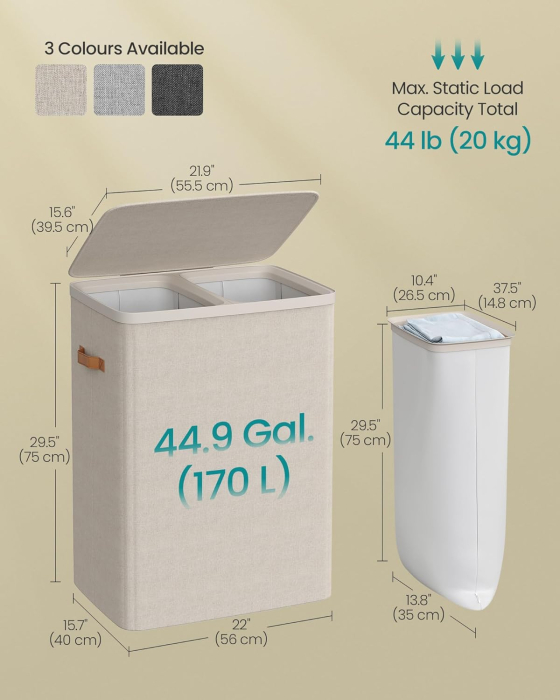 Cos rufe cu 2 compartimente si capac, saci detasabili cu maner, 170 litri, 56x40x75 cm, bej [2]