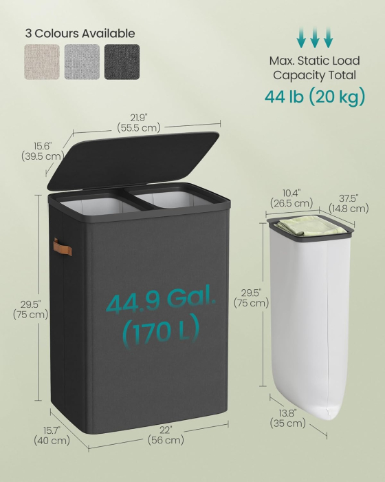 SONGMICS Cos rufe cu 2 compartimente si capac, saci detasabili cu maner, 170 litri, 56x40x75 cm, negru [4]