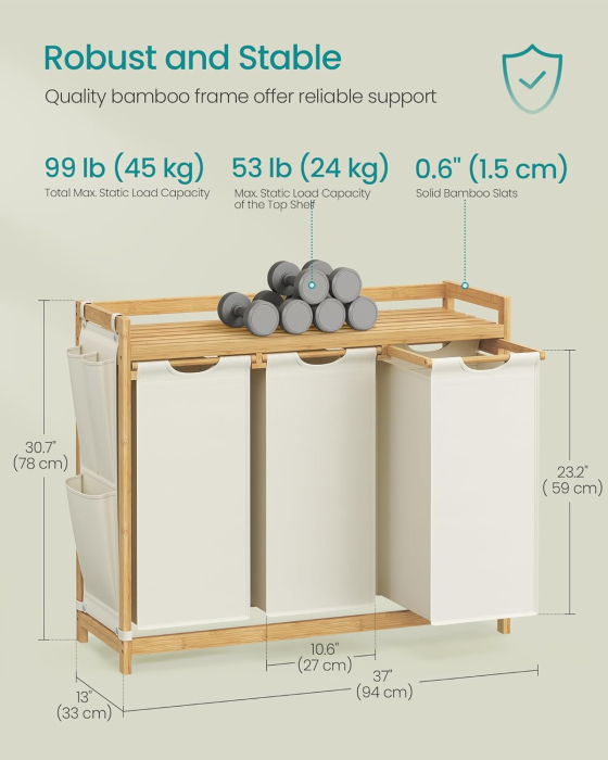 Cos rufe cu 3 compartimente si raft superior din bambus, 3 x 50 litri, saci detasabili, 94x33x78 cm, maro natur [3]