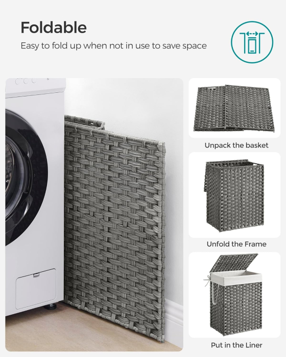 SONGMICS Cos rufe cu capac, ratan sintetic si sac detasabil, 90 L, 46x33x60 cm, gri [6]