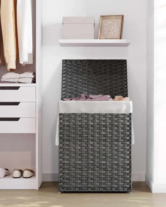 SONGMICS Cos rufe cu capac, ratan sintetic si sac detasabil, 90 L, 46x33x60 cm, gri [2]