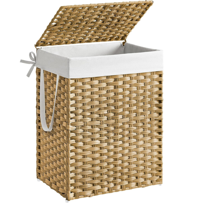 SONGMICS Cos rufe cu capac, ratan sintetic si sac detasabil, 90 L, 46x33x60 cm, natur [1]