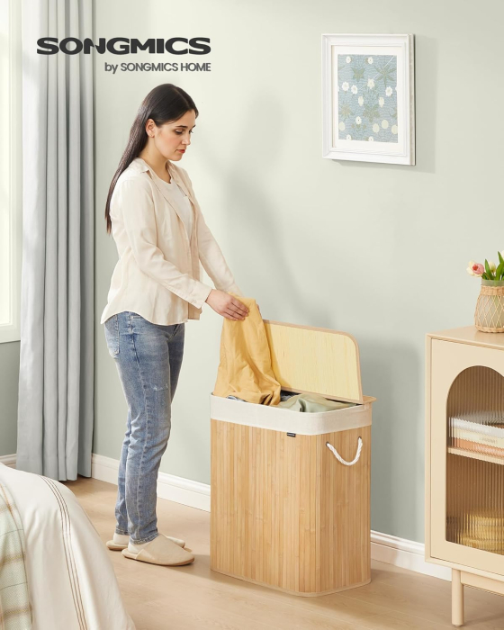 Cos rufe din bambus cu 2 compartimente, sac detasabil, 100 litri, 52x32x61 cm, maro natur [2]