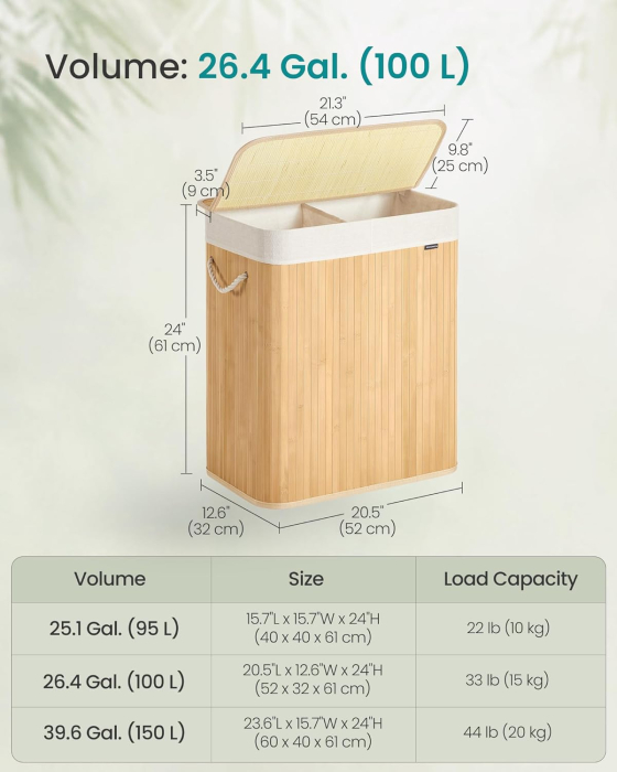 Cos rufe din bambus cu 2 compartimente, sac detasabil, 100 litri, 52x32x61 cm, maro natur [4]