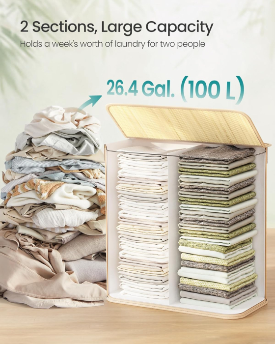 Cos rufe din bambus cu 2 compartimente, sac detasabil, 100 litri, 52x32x61 cm, maro natur [5]