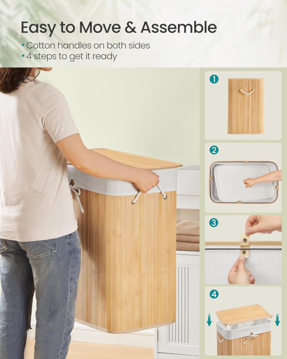 Cos rufe din bambus cu 2 compartimente, sac detasabil, 100 litri, 52x32x61 cm, maro natur [3]