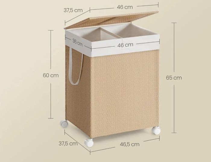 Cos rufe din tesatura tip ratan, 100L cu 2 compartimente si roti, 47x38x65 cm, bej natur [3]