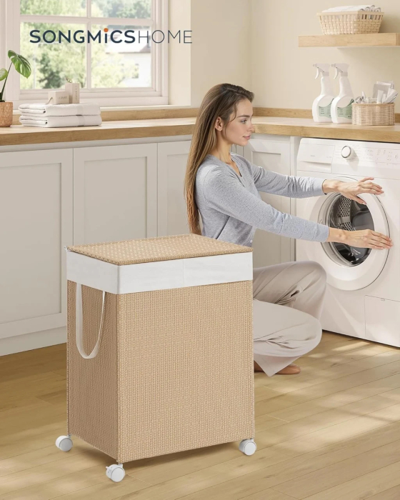 Cos rufe din tesatura tip ratan, 100L cu 2 compartimente si roti, 47x38x65 cm, bej natur [2]