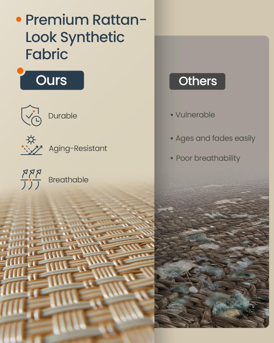 Cos rufe din tesatura tip ratan, 140L cu 3 compartimente si roti, 66x38x65 cm, bej natur [7]