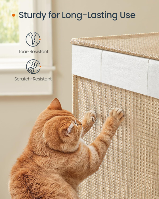 Cos rufe din tesatura tip ratan, 140L cu 3 compartimente si roti, 66x38x65 cm, bej natur [4]